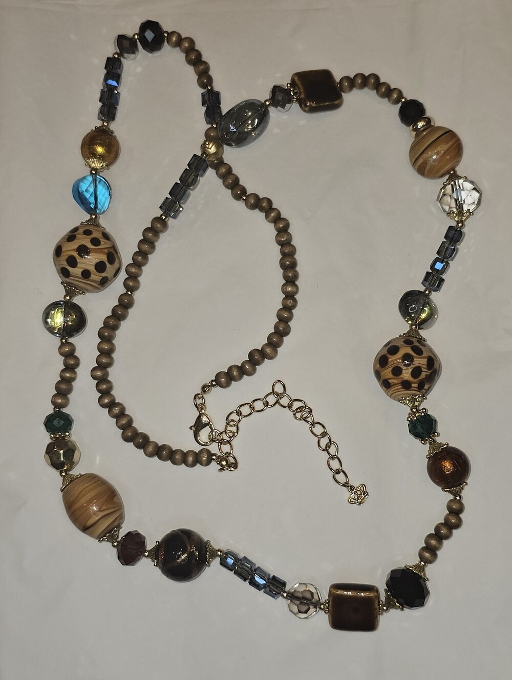 Premier Designs-Long Beaded Necklace with Brown and Teal Accent Beads